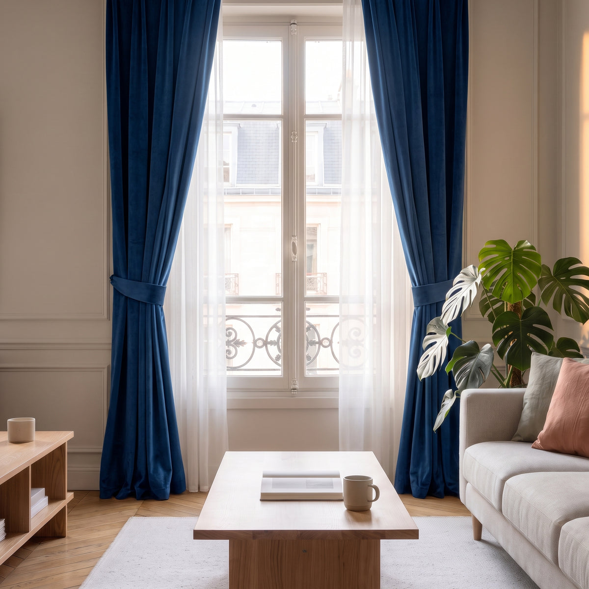 Rideau en velours bleu roi ouvert des deux côtés d une fenêtre de salon