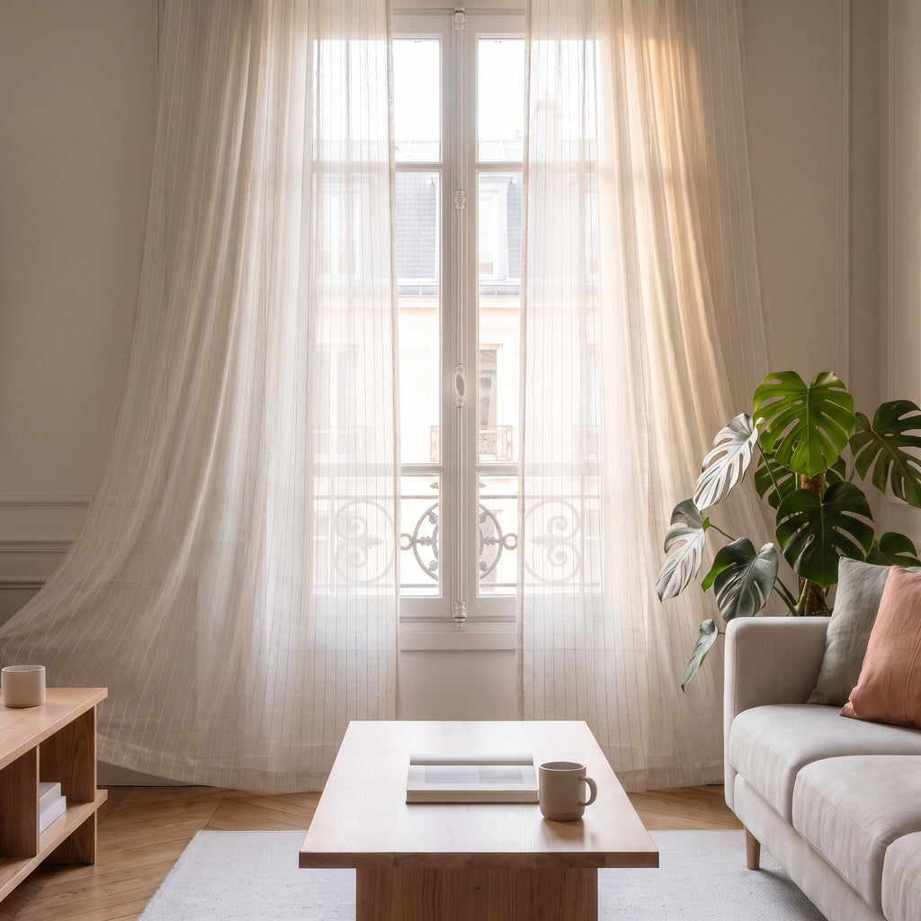 Voilage en coton et lin ouvert de chaque côté d une fenêtre de salon