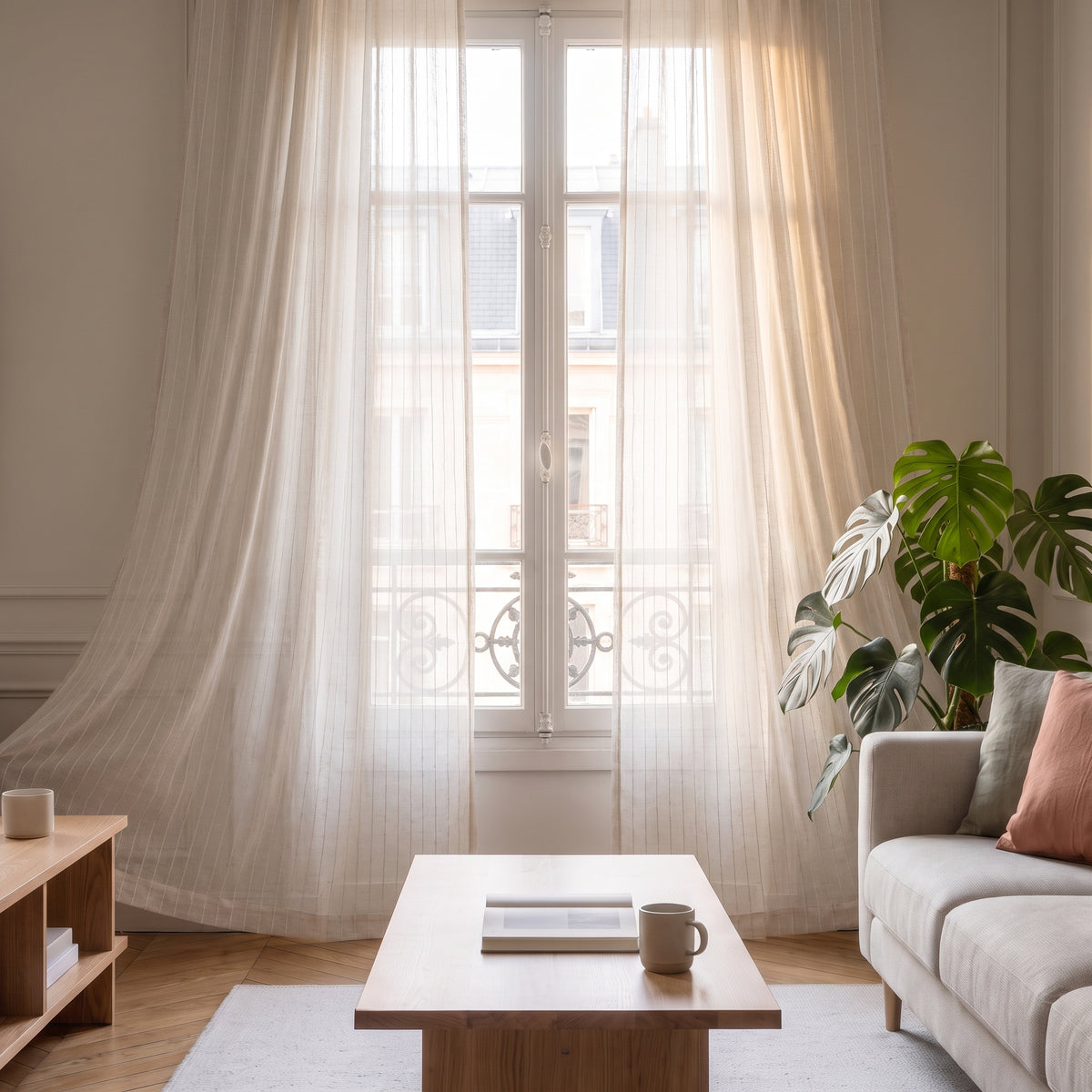 Voilage en coton et lin ouvert de chaque côté d une fenêtre de salon