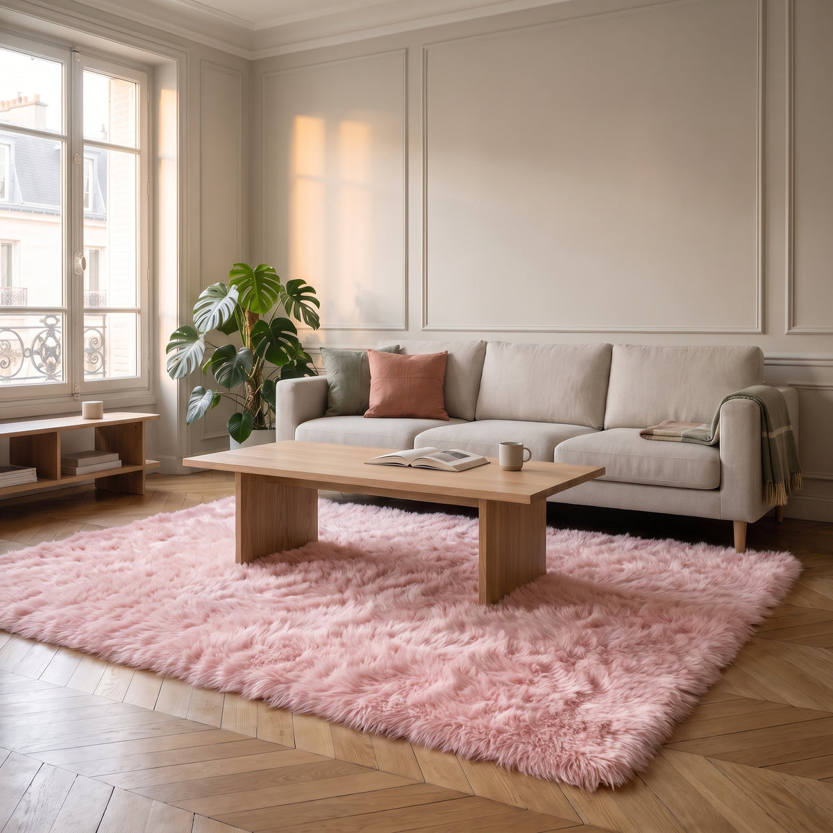 Tapis cocooning en fourrure extra longue, coloris rose, sous une table basse de salon