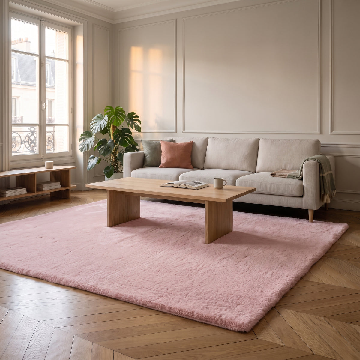 Tapis en fausse fourrure rose déroulé devant un canapé clair dans un salon