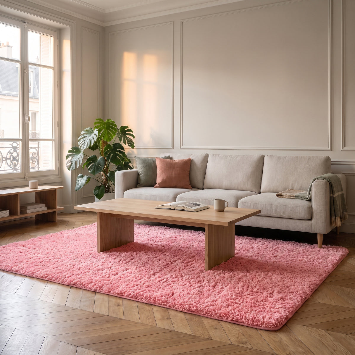 Grand tapis pelucheux nordique - salon - Rose