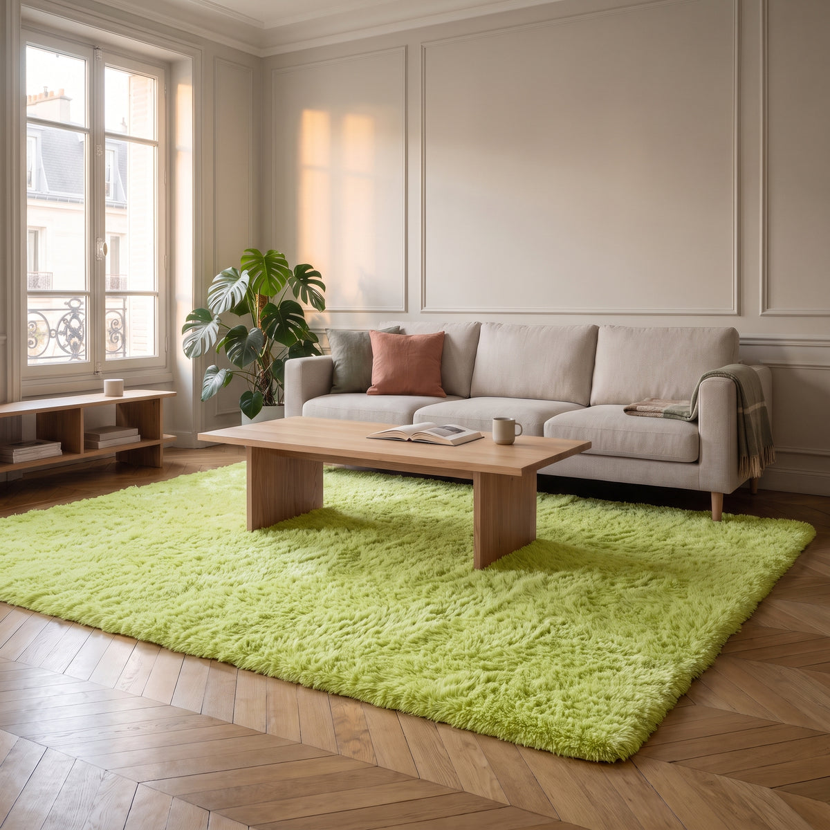 Grand tapis pelucheux nordique - salon - Vert