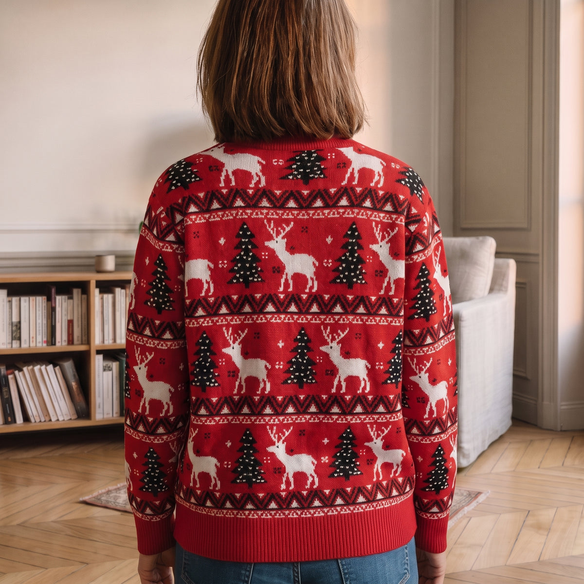 Dos du pull de Noel rouge a rennes et sapins, vu de pres