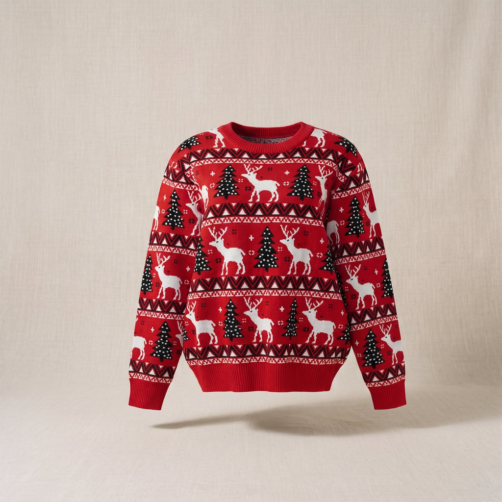Pull de Noel rouge a rennes et sapins presente sur mannequin invisible, fond uni