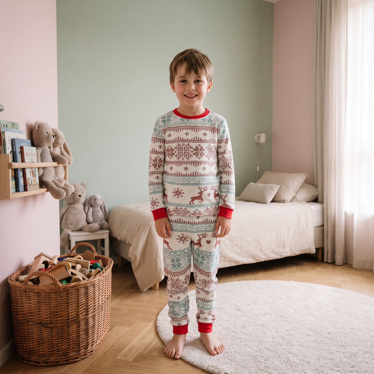Pyjama de Noël écru et sarcelle à motifs rennes porté par un enfant, modèle enfant