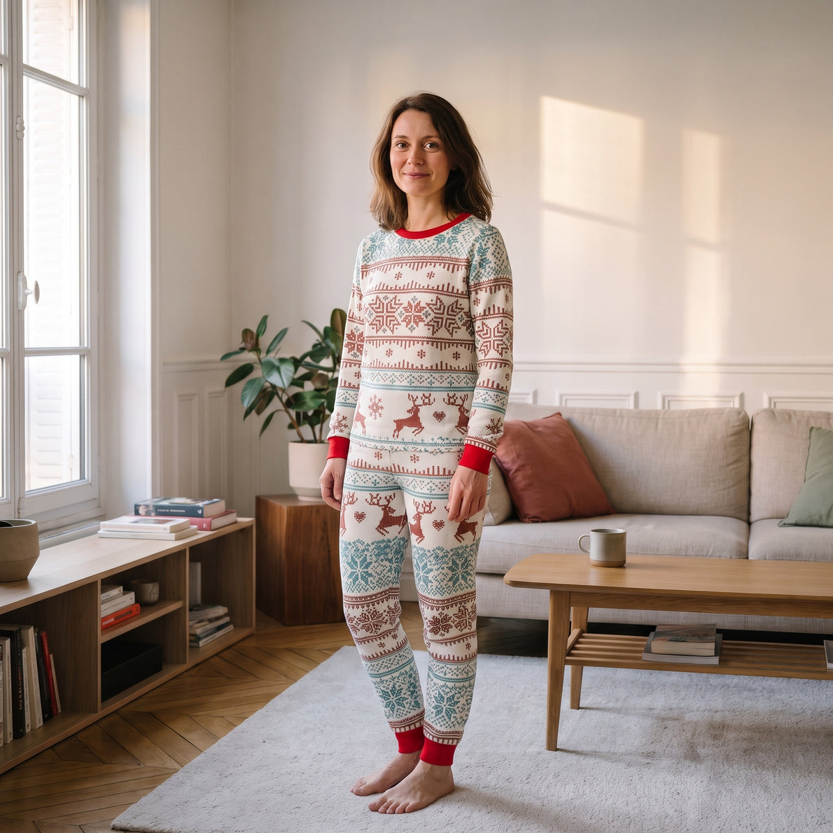 Pyjama de Noël écru et sarcelle à motifs rennes porté par une femme, modèle femme