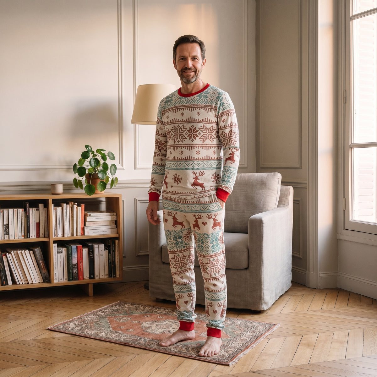 Pyjama de Noël écru et sarcelle à motifs rennes porté par un homme, modèle homme