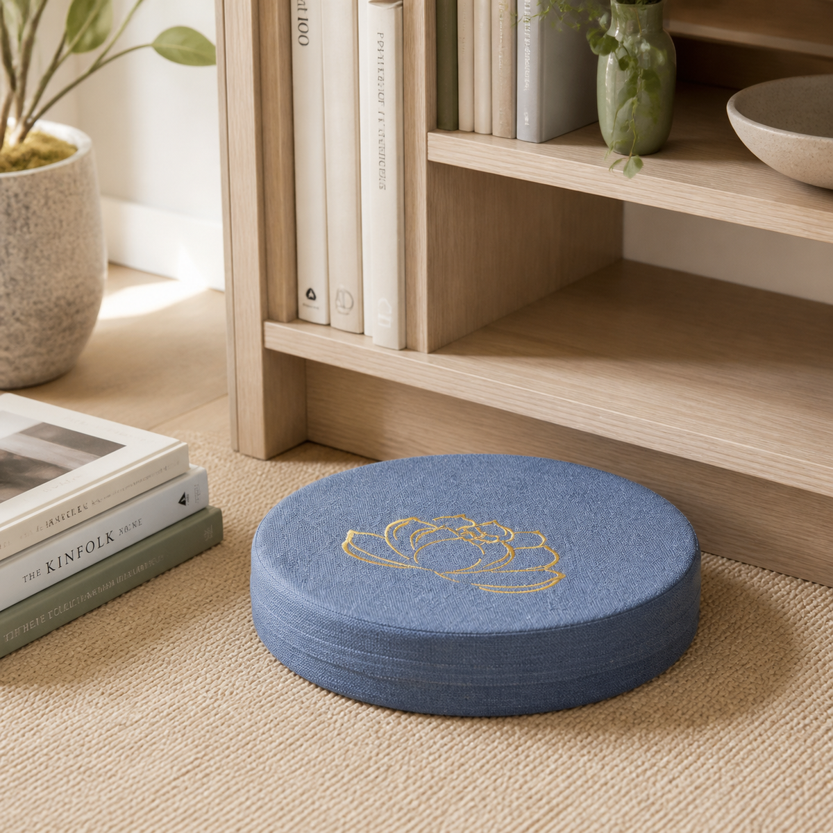 Coussin rond de méditation bleu près d'une bibliothèque
