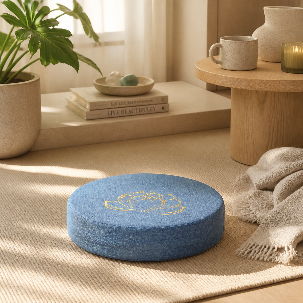 Coussin de sol rond bleu avec lotus dans un salon chaleureux