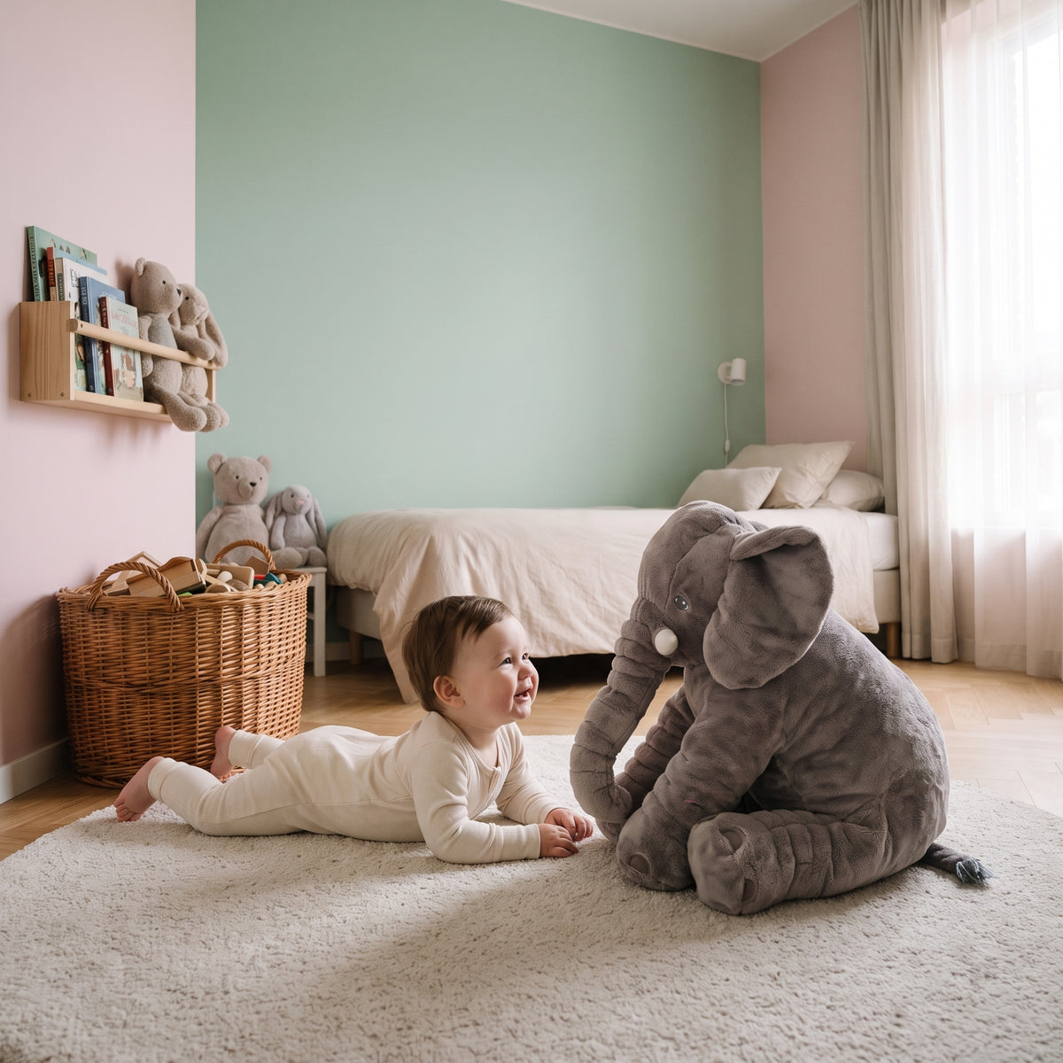 Bebe eveille a plat ventre sur le tapis d'une chambre, la peluche elephant grise de 60 cm assise a cote de lui, a distance de son visage