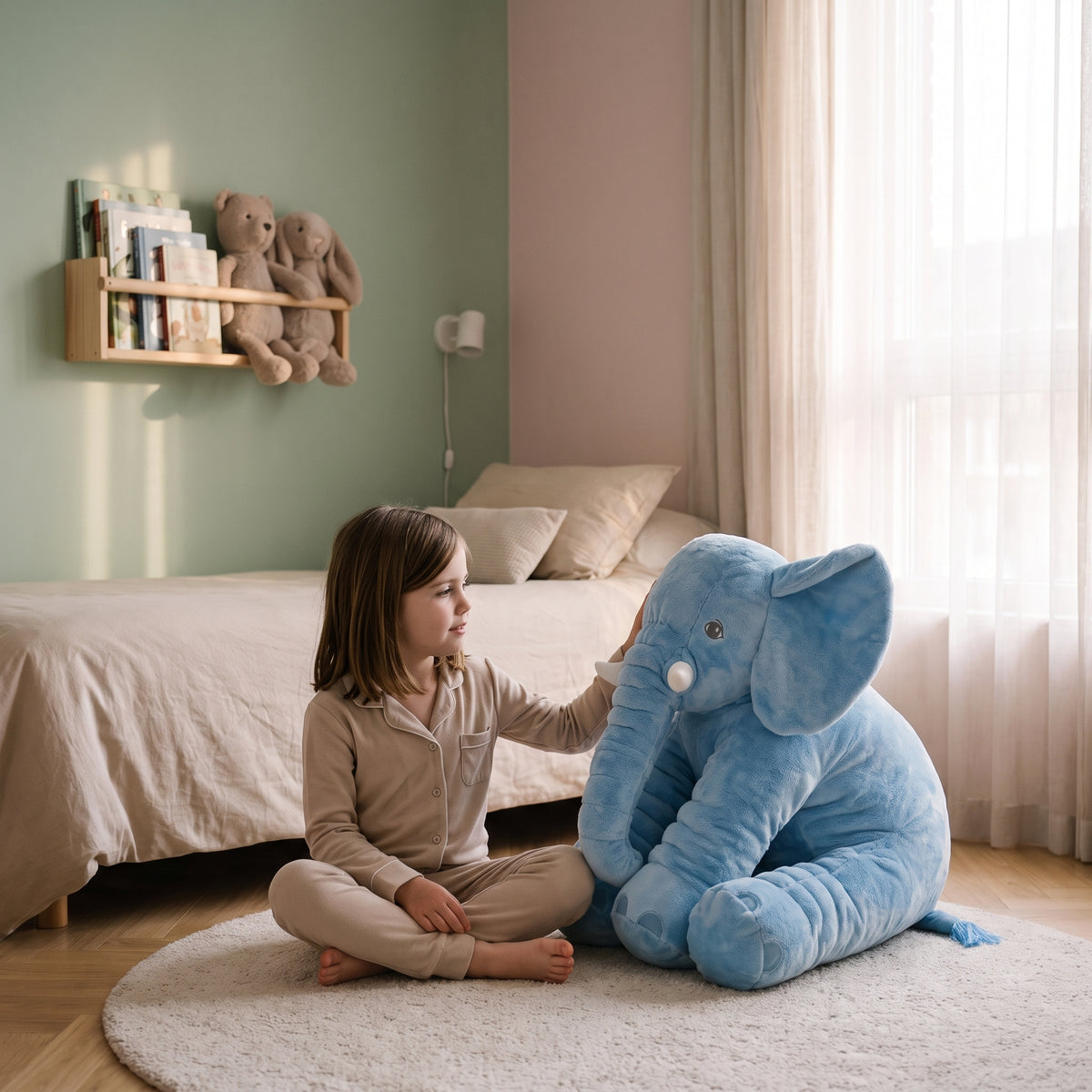 Enfant assise en tailleur sur le tapis d'une chambre, la main posee sur la peluche elephant bleue de 60 cm assise a cote d'elle