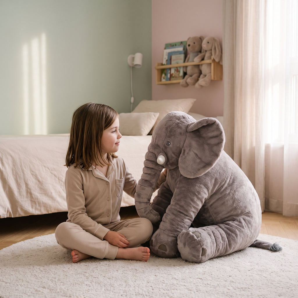 Enfant assise en tailleur sur le tapis d'une chambre, la main posee sur la peluche elephant grise de 60 cm assise a cote d'elle