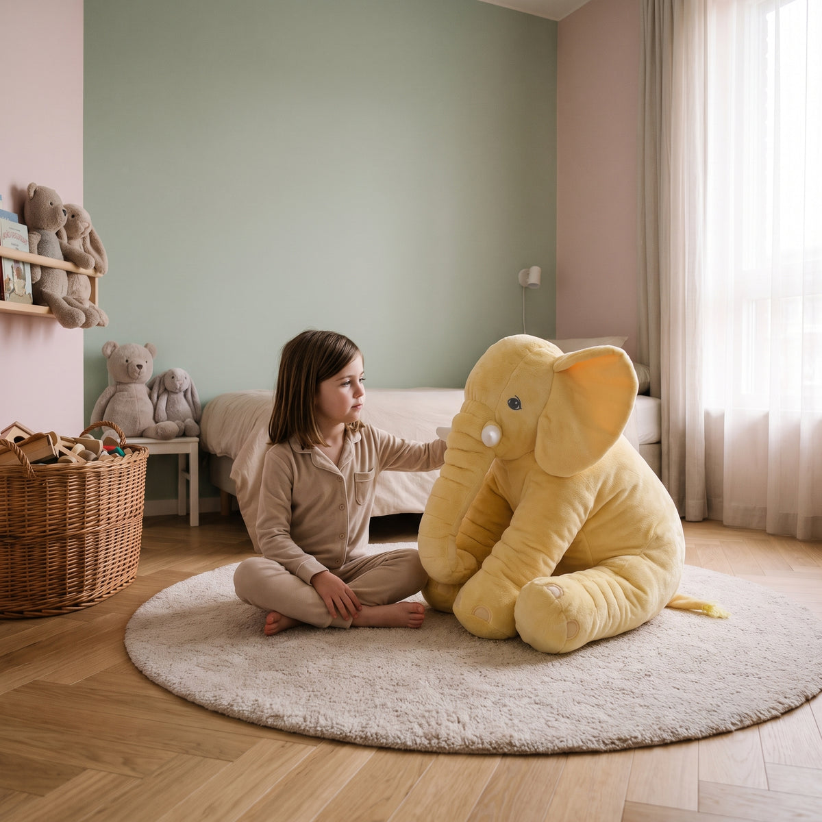Enfant assise en tailleur sur le tapis d'une chambre, la main posee sur la peluche elephant jaune de 60 cm assise a cote d'elle