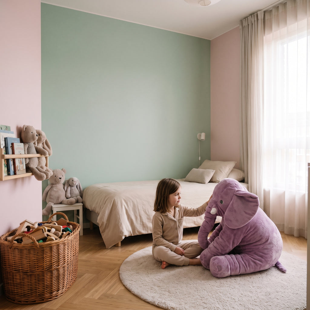 Enfant assise en tailleur sur le tapis d'une chambre, la main posee sur la peluche elephant violette de 60 cm assise a cote d'elle