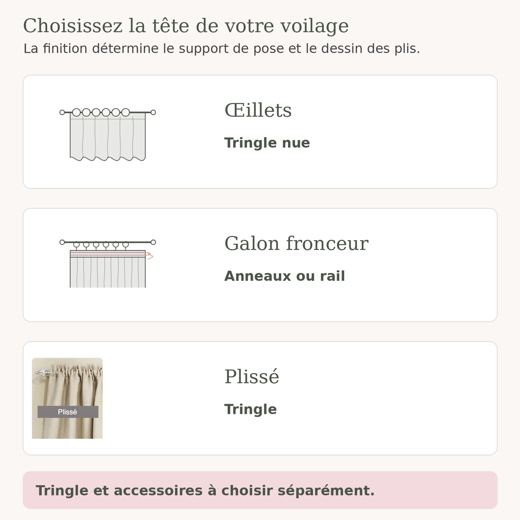 Schéma du voilage plissé directement enfilé sur une tringle