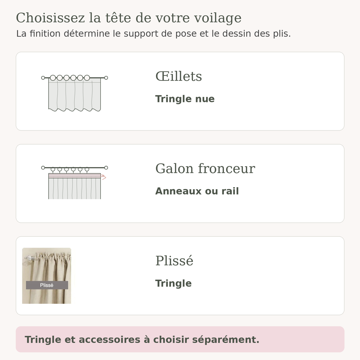 Schéma du voilage plissé directement enfilé sur une tringle