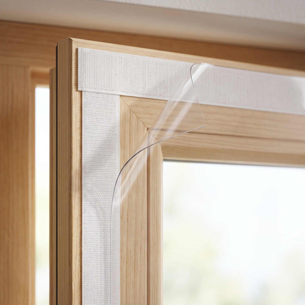 Bande auto-agrippante collée sur le dormant et film pressé dessus