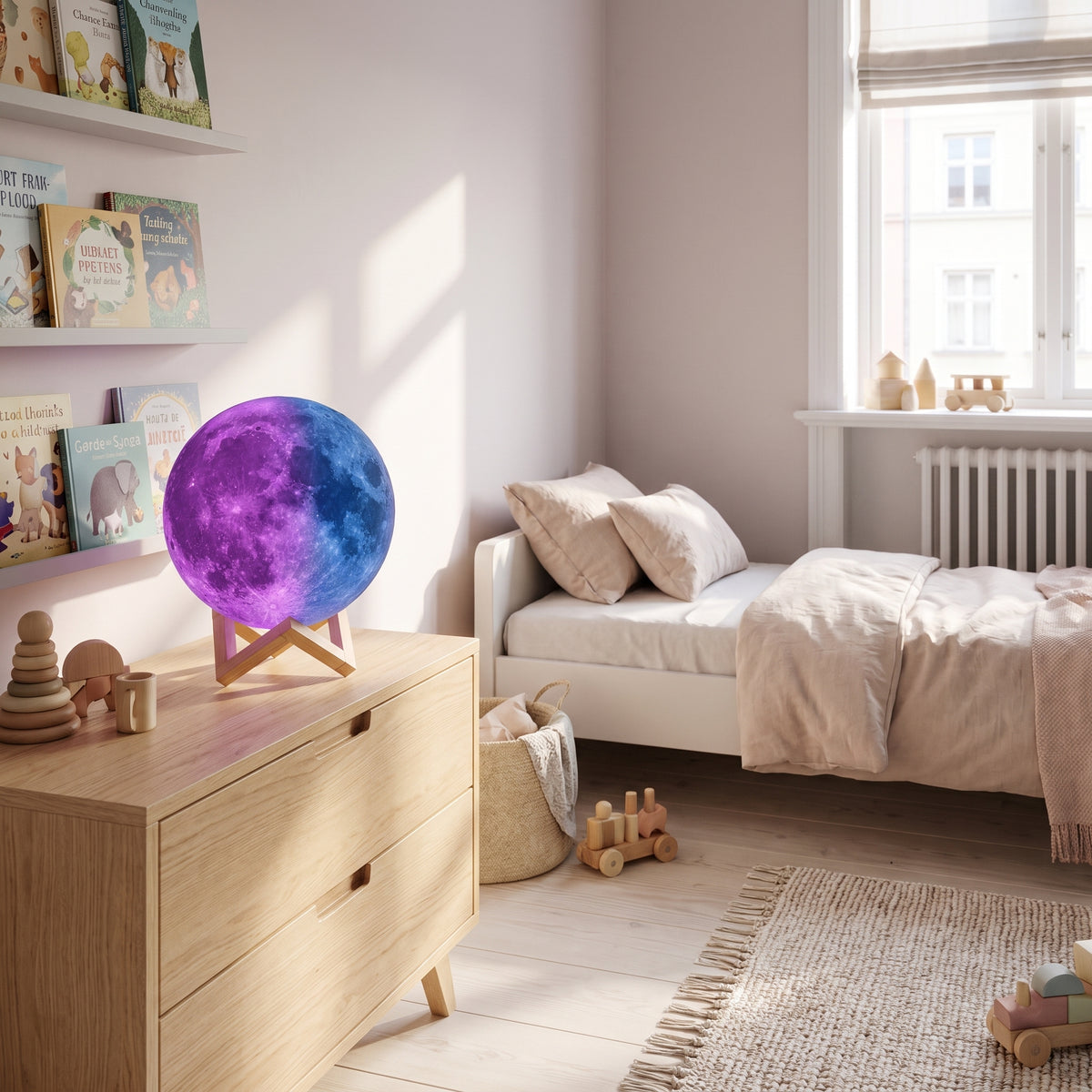 Version seize couleurs, la lampe lune allumee en lumiere coloree