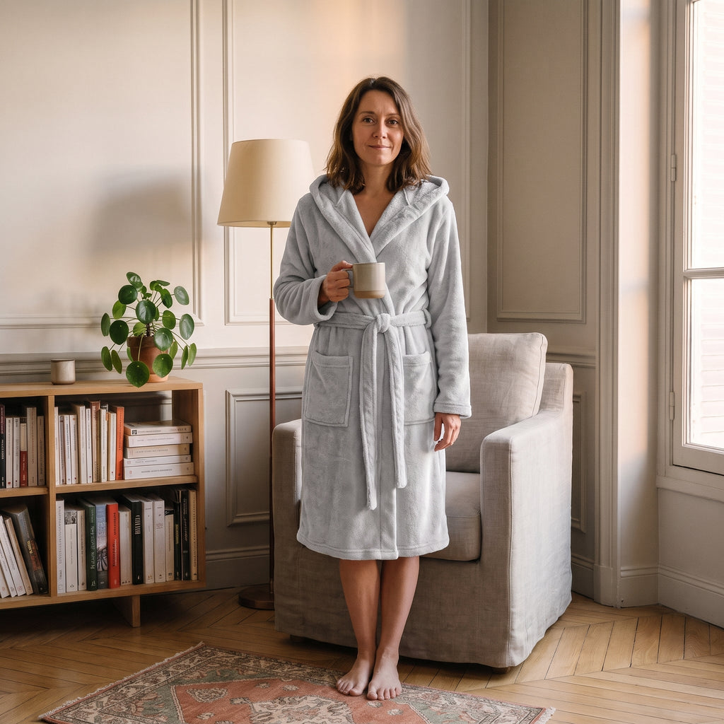 Femme du casting portant la robe de chambre longue Noire à capuche dans la chambre