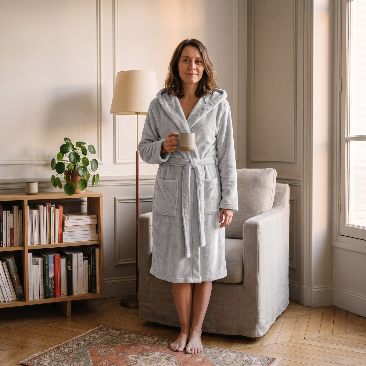 Femme du casting portant la robe de chambre longue Noire à capuche dans la chambre