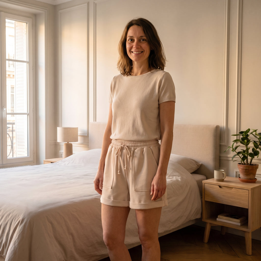 Femme en short beige taille haute dans une chambre lumineuse