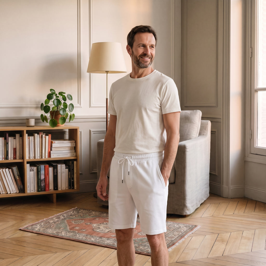 Homme portant le short respirant blanc dans un coin lecture