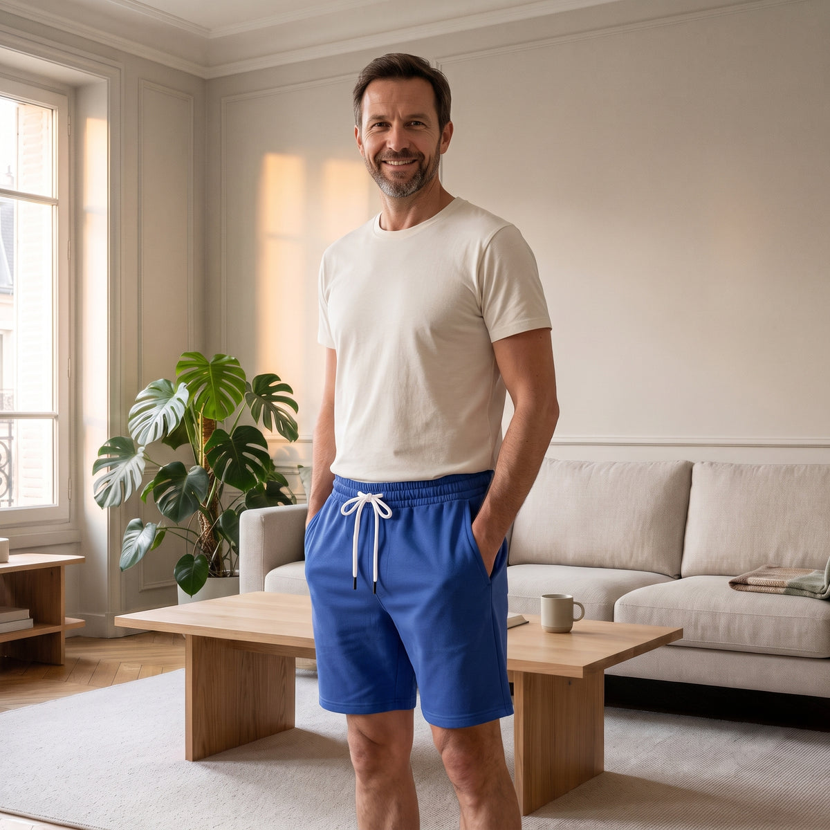 Homme portant le short respirant bleu dans un salon lumineux