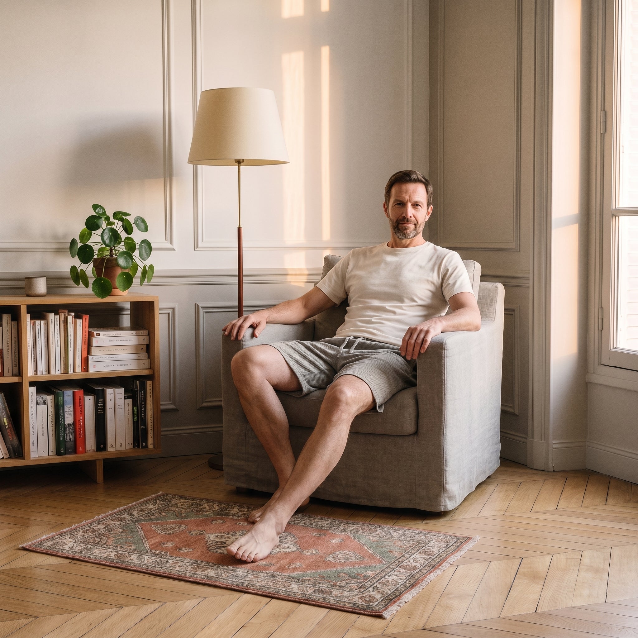 Short respirant gris porté assis dans un fauteuil Image