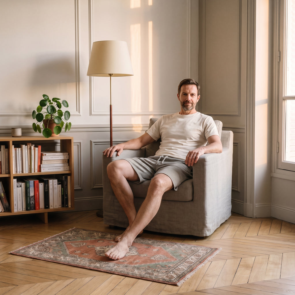 Homme assis dans un fauteuil portant le short respirant gris