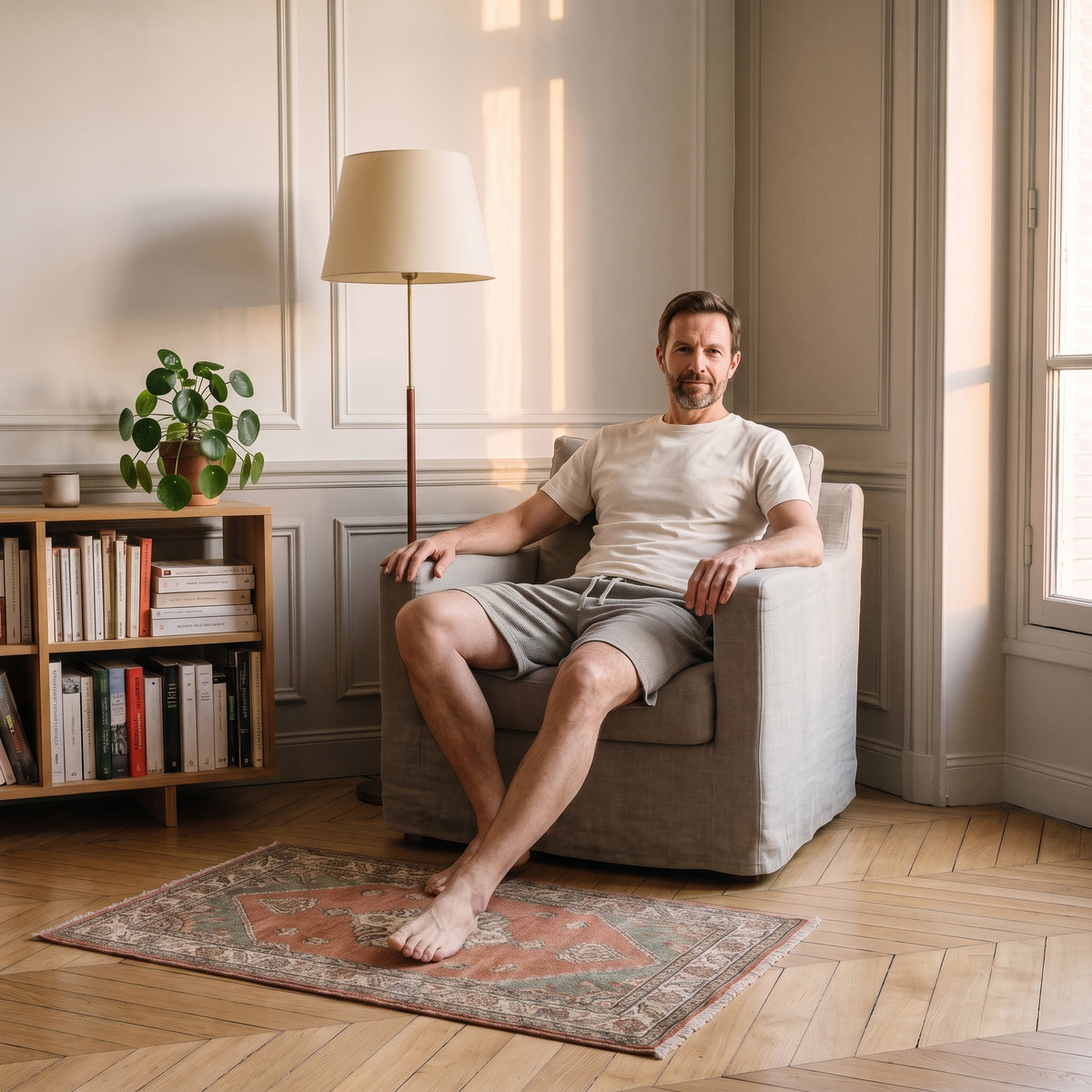 Homme assis dans un fauteuil portant le short respirant gris