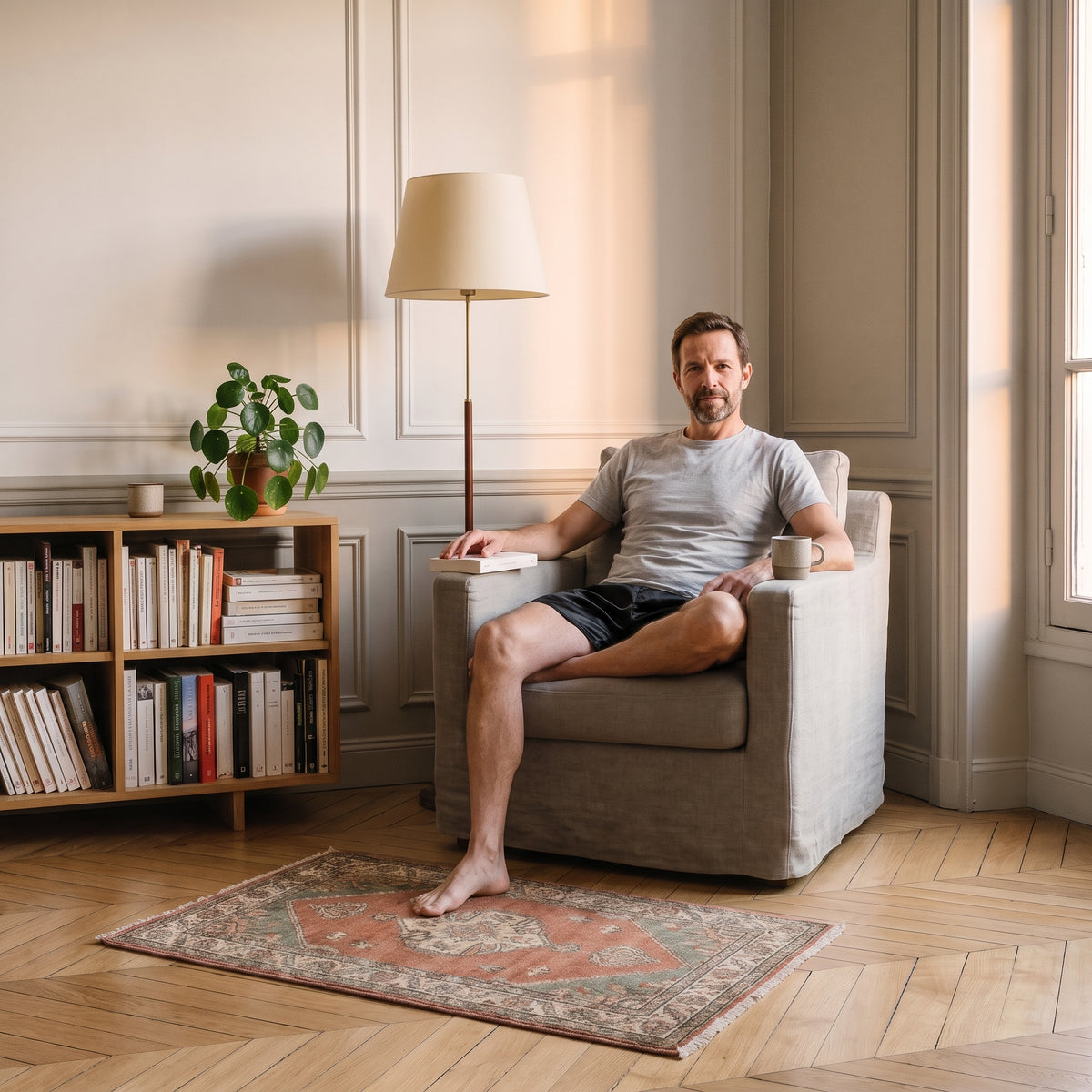 Homme en short de pyjama en satin noir assis dans le fauteuil de lecture le soir Image