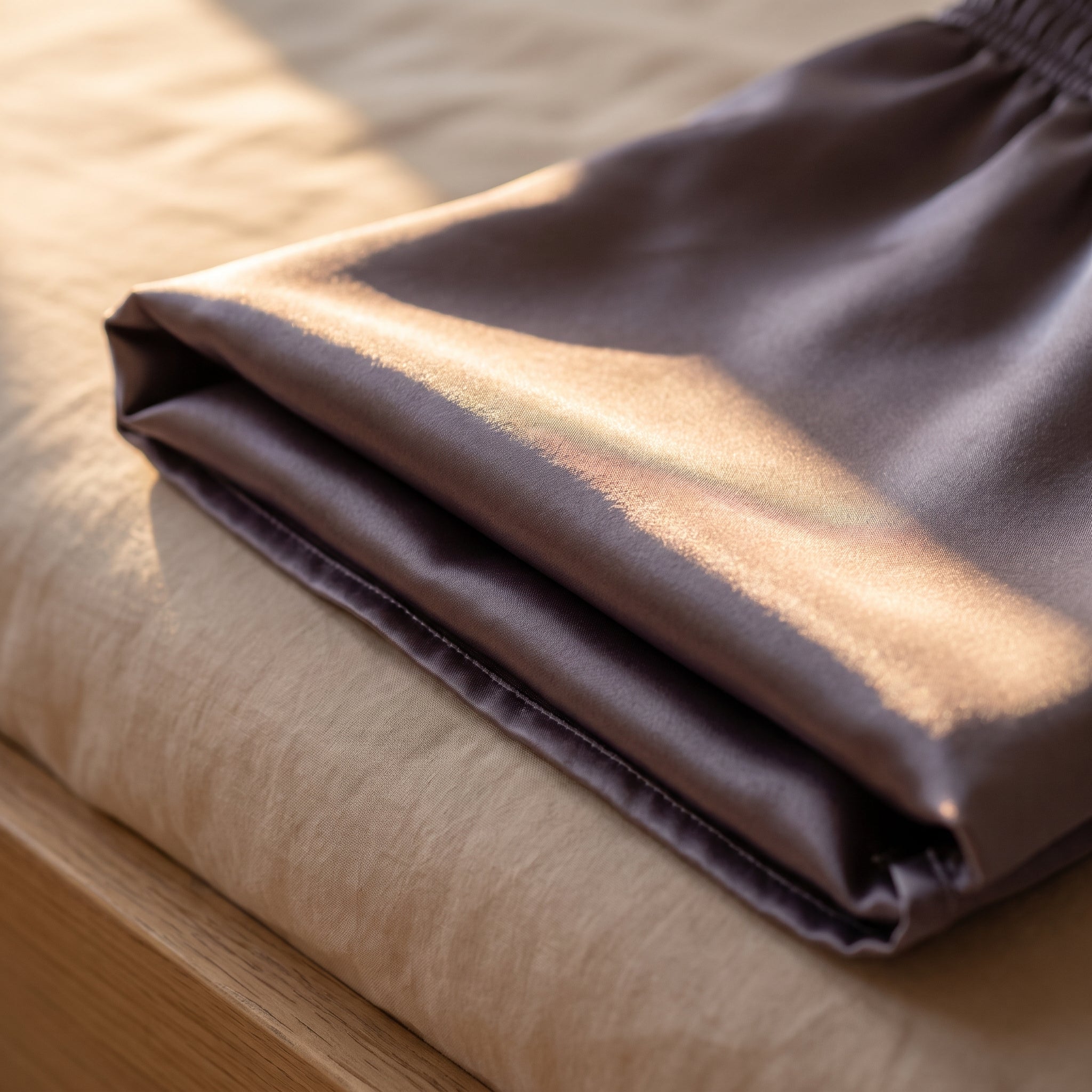 Surface du satin gris du short de pyjama, la lumière glisse le long du pli Image