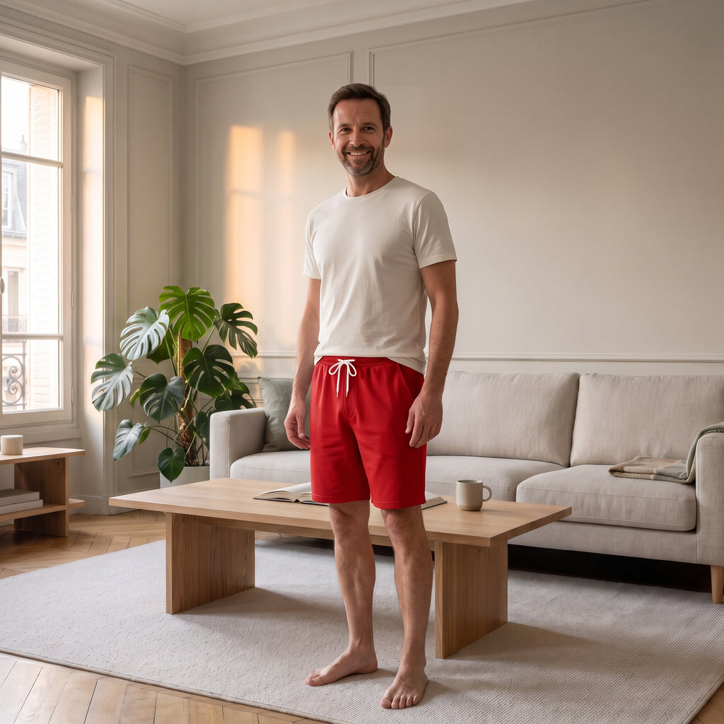 Homme portant le short respirant rouge dans un salon lumineux