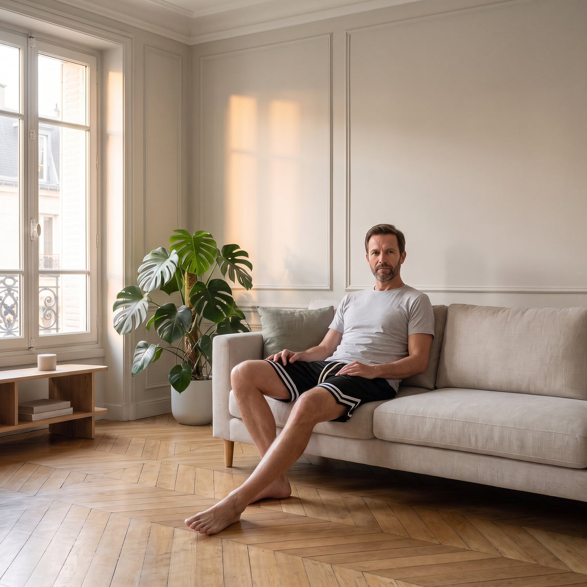 Homme portant le short de sport noir assis dans un salon lumineux Image