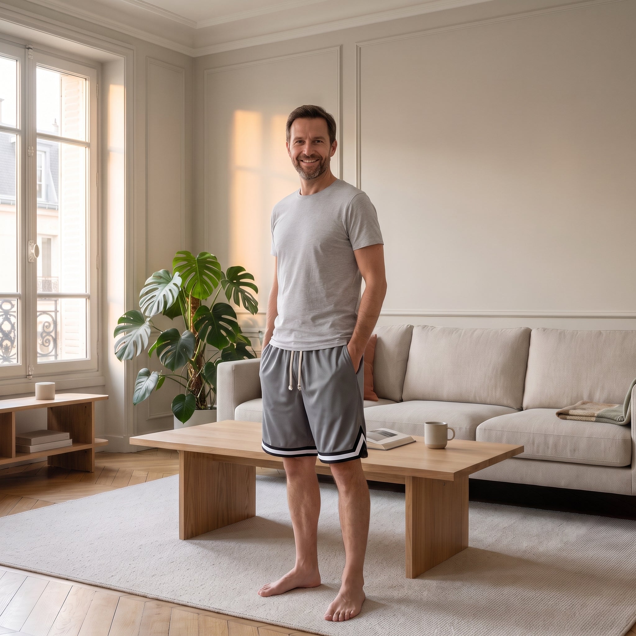 Homme portant le short de sport gris dans un coin lecture Image