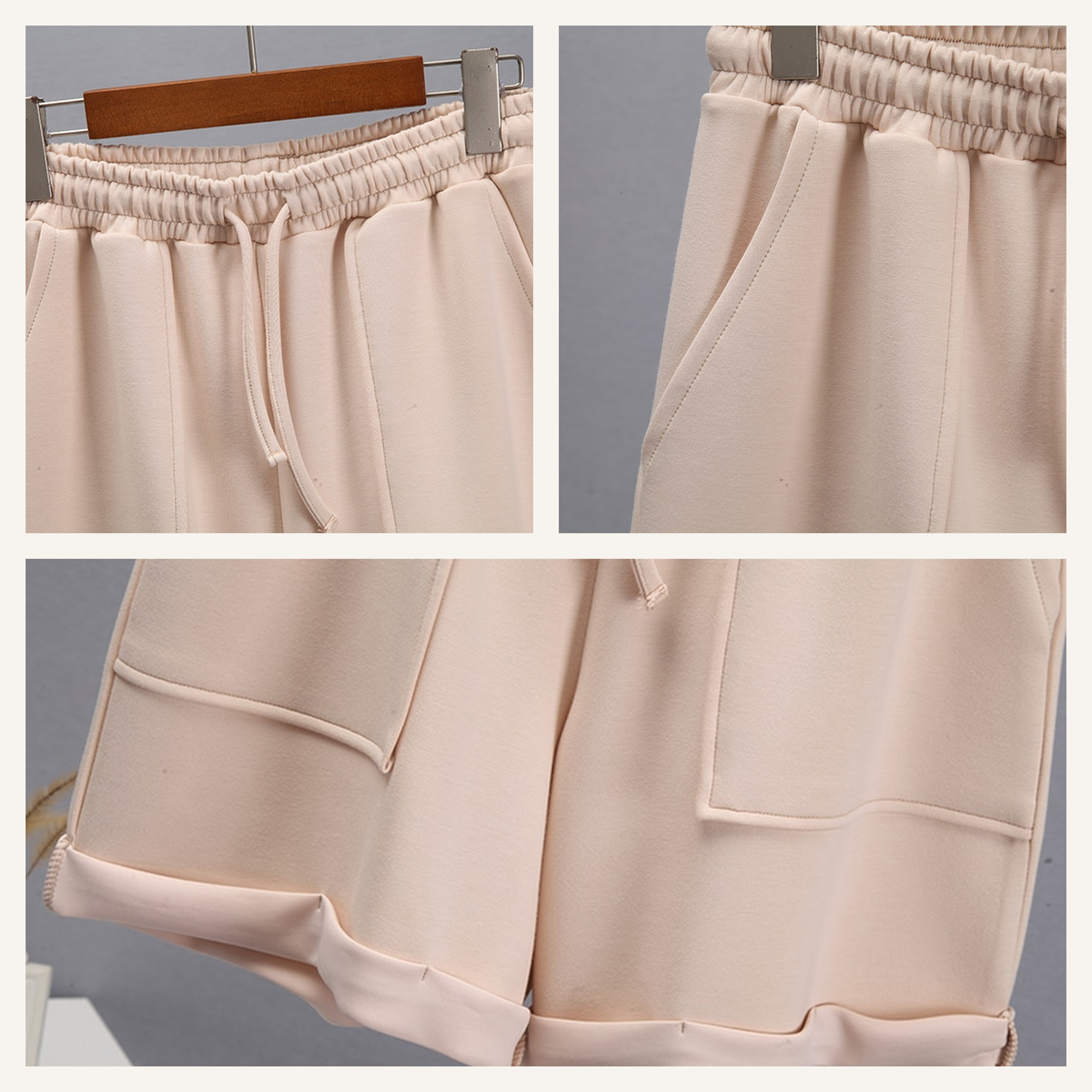 Détails de la ceinture, du cordon, des poches et des revers du short beige