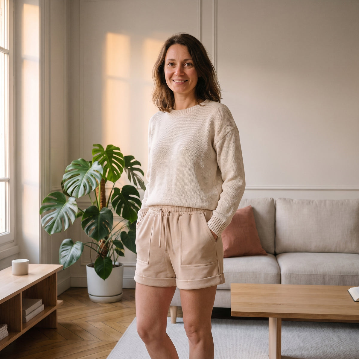 Femme portant le short beige au haut des cuisses dans un salon lumineux