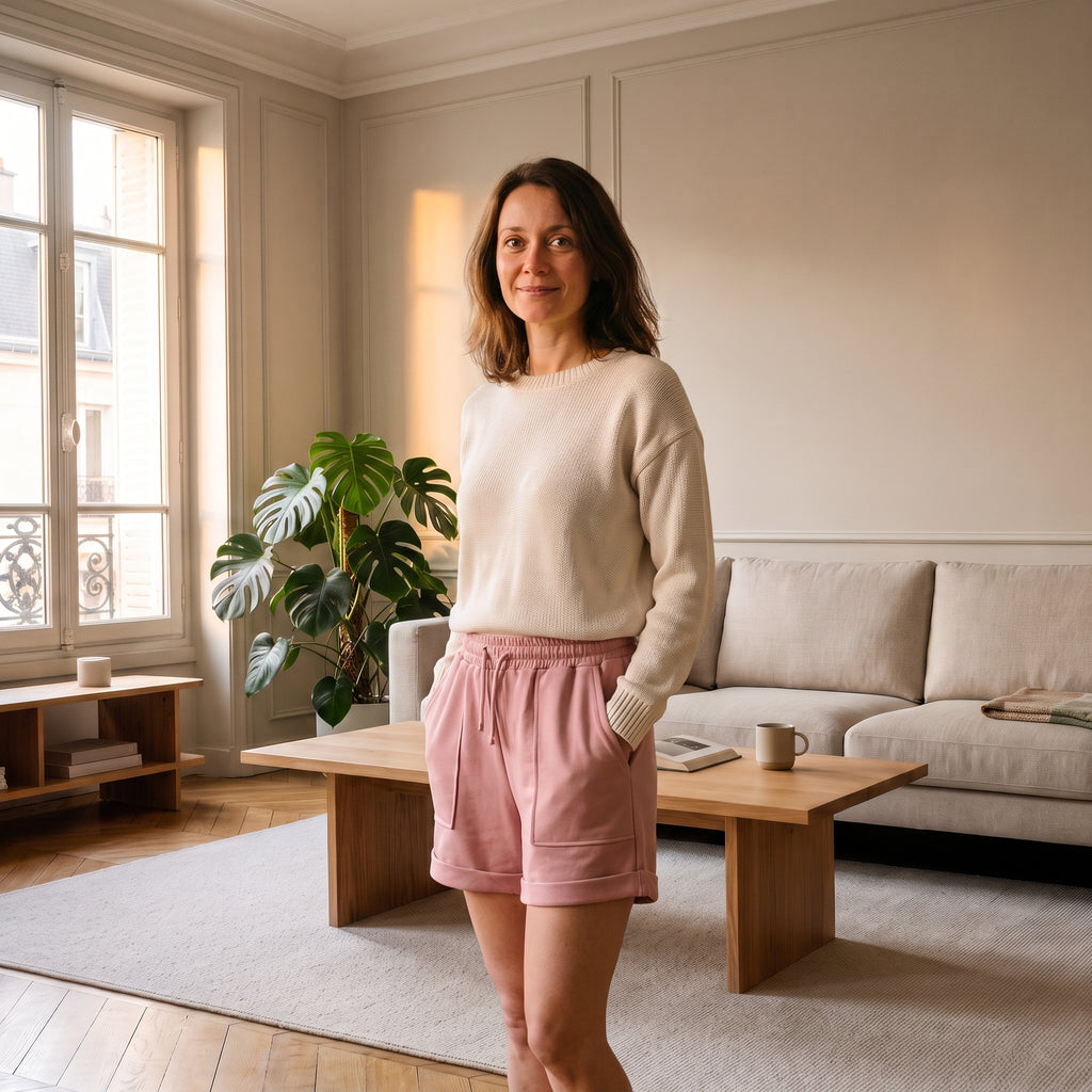 Femme portant le short rose au haut des cuisses dans un salon lumineux