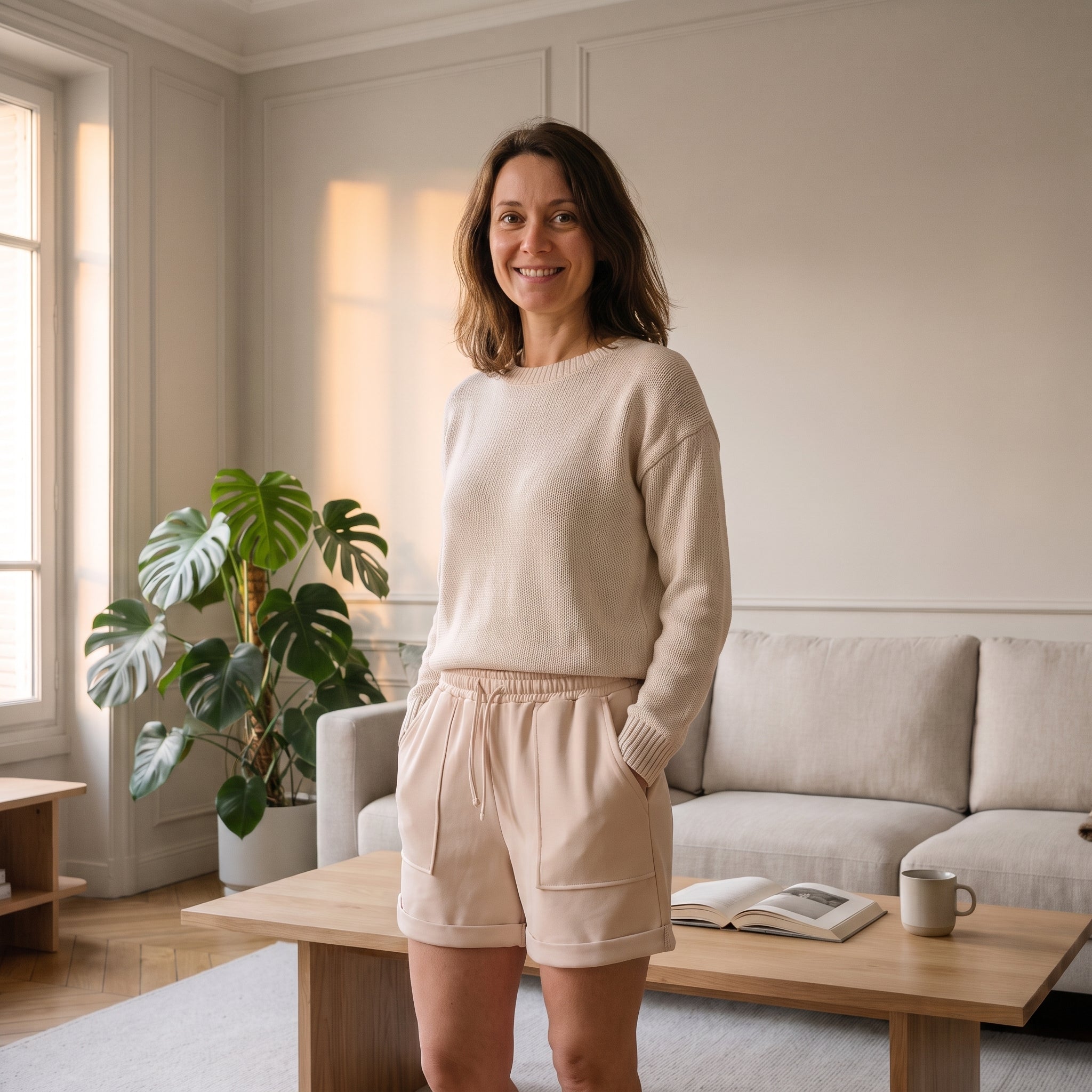 Femme portant le short beige avec les mains dans les poches Image