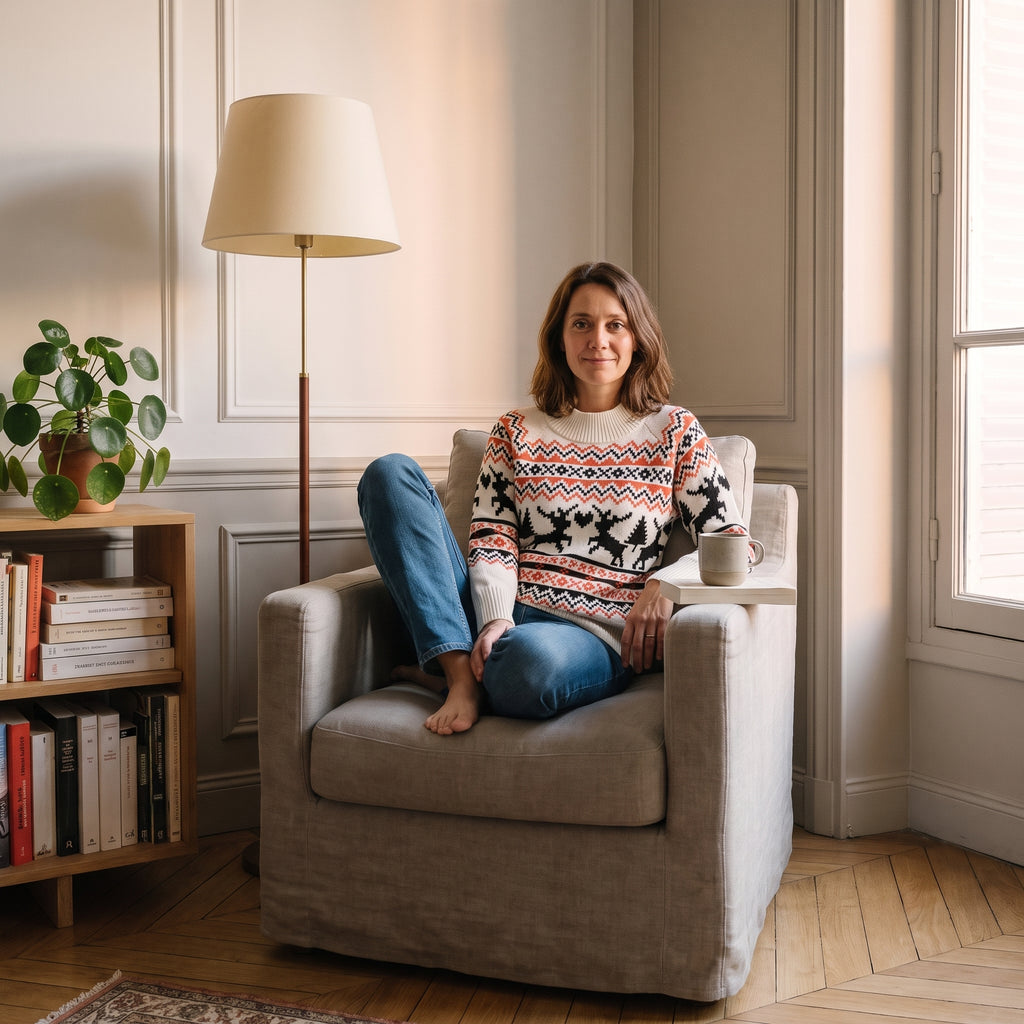 Pull de Noël femme ivoire à rennes porté assise dans un coin lecture