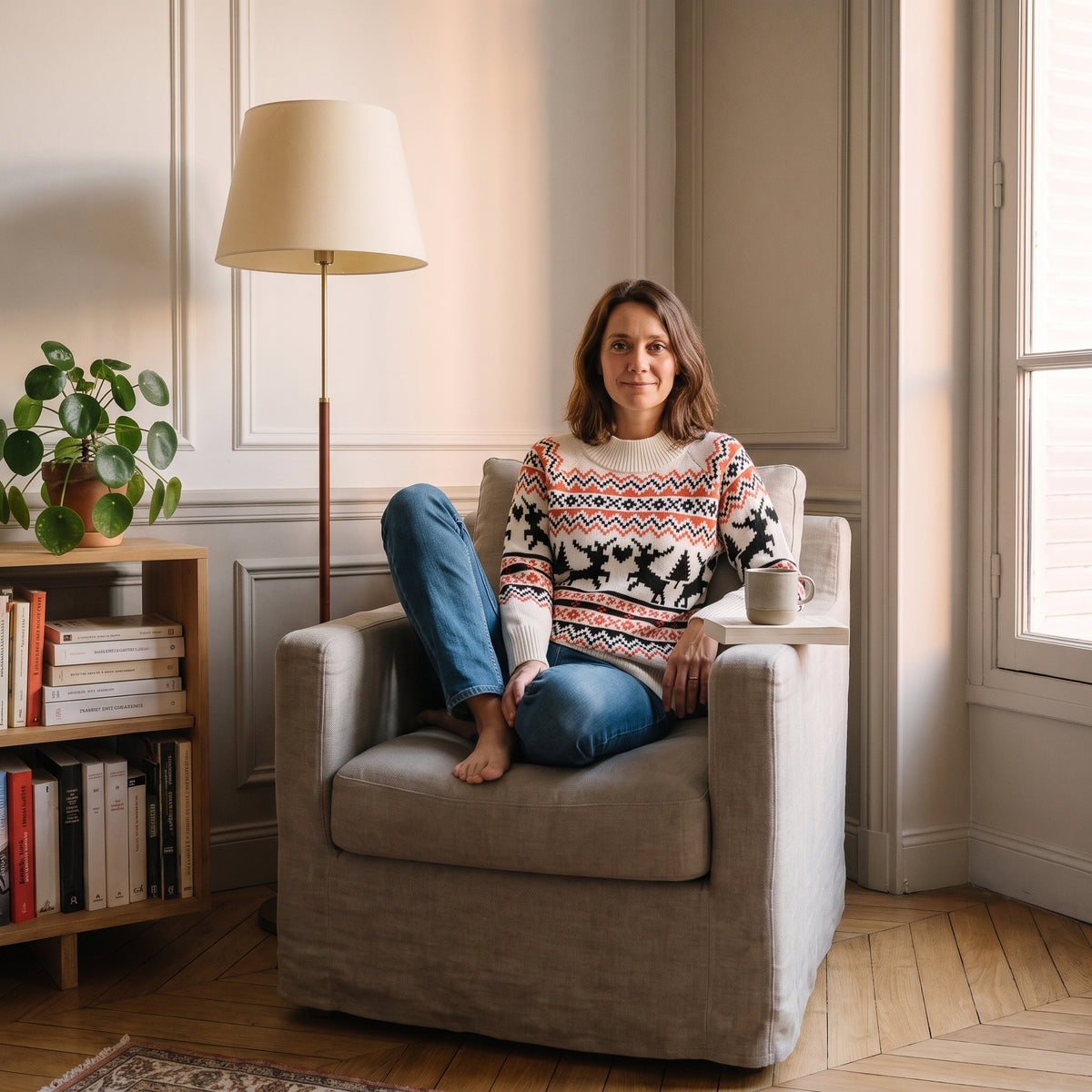 Pull de Noël femme ivoire à rennes porté assise dans un coin lecture