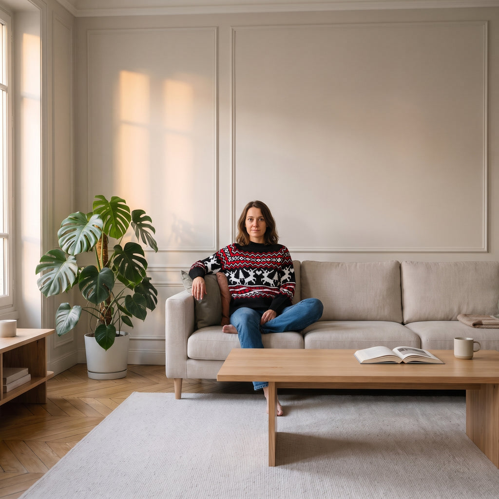 Pull de Noël femme noir à rennes porté dans le salon