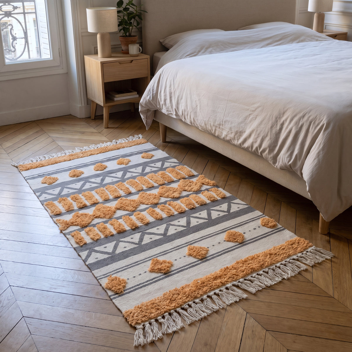 Tapis d'inspiration orientale déroulé le long du lit dans une chambre parisienne