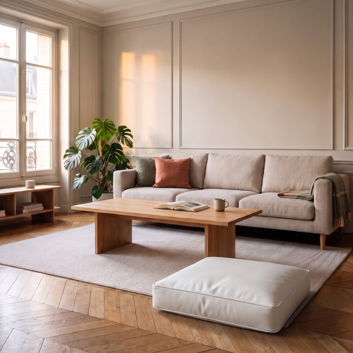 Coussin de sol blanc en simili cuir dans le salon