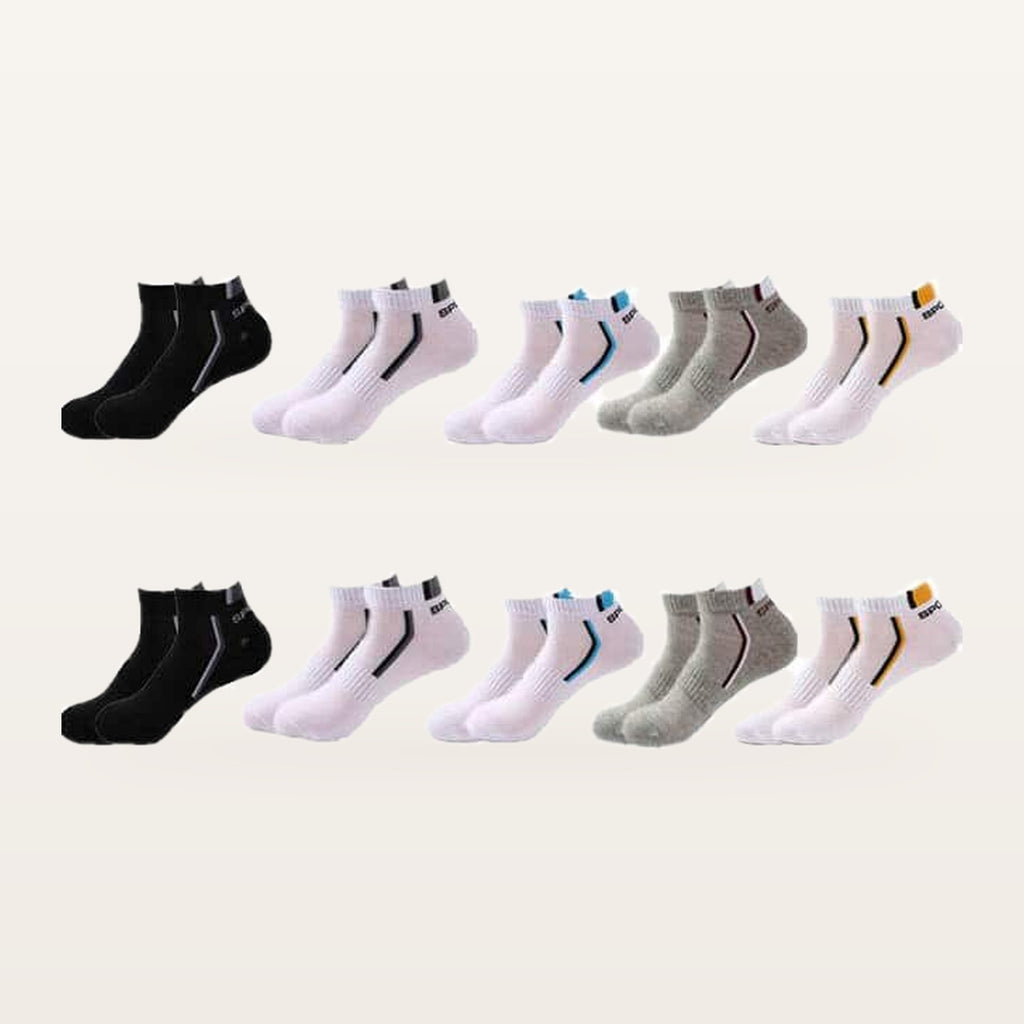 Lot de dix paires de socquettes de sport homme assorties, deux paires de chacun des cinq coloris