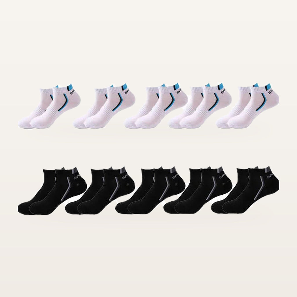 Lot de dix paires de socquettes de sport homme, 5 blanc et bleu + 5 noires