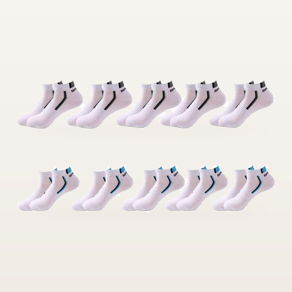 Lot de dix paires de socquettes de sport homme, 5 blanc et gris + 5 blanc et bleu