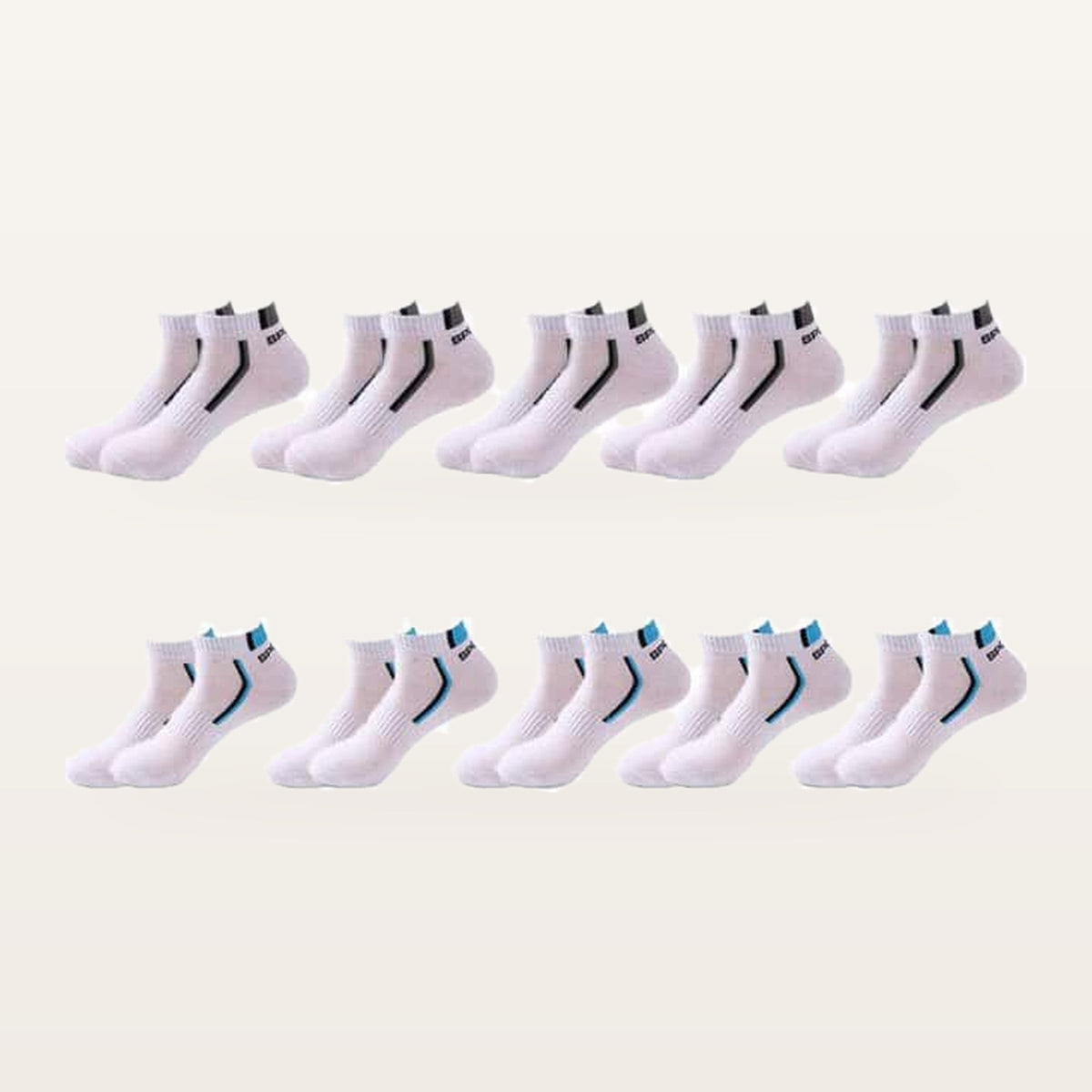 Lot de dix paires de socquettes de sport homme, 5 blanc et gris + 5 blanc et bleu