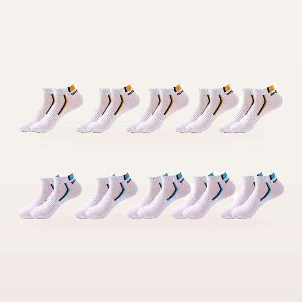 Lot de dix paires de socquettes de sport homme, 5 blanc et jaune + 5 blanc et bleu